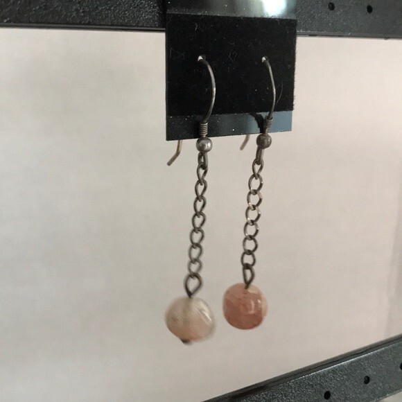 Vintage Handmade Sunstone Sterling Silver Fish Hook Dangle Earrings - Picture 6 of 7